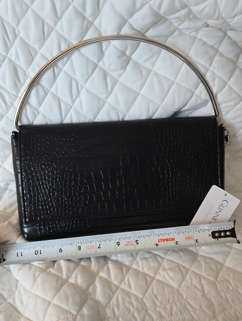 CUNNIE Black Croc-Embossed Clutch with Silver Arc Handle